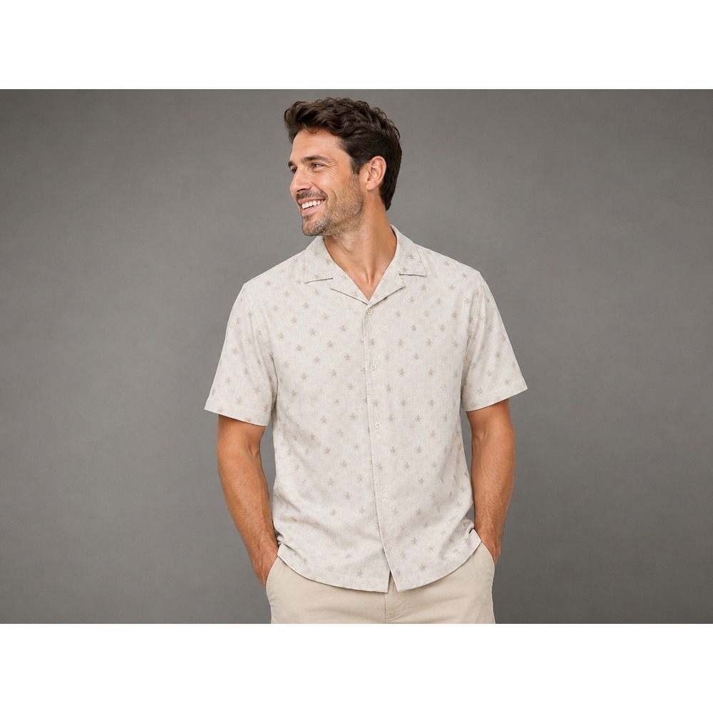 Folk Comet Embroidered SS Shirt Stone Linen Blend‎ Star Pattern JMK/BR/3654 L